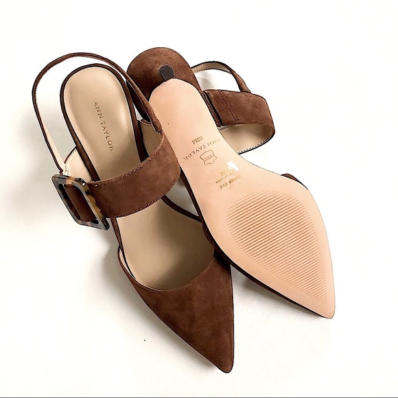Ann Taylor Shoes - Ann Taylor Brown Suede Pointed Toe Slingback Heels with Buckle